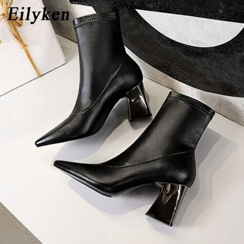 Eilyken New Design Chelsea Boots Women Fashion Metal Mid Heels Pumps Sexy Pointed Toe Ankle Slip On Autumn Winter Shoes Female