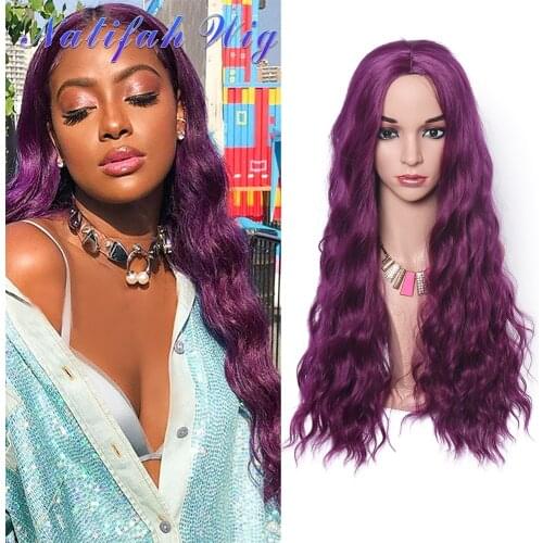 Natifath Purple Long Water Wave Wig High Temperature Wigs for Women Afro Cosplay Party Daily Synthetic Hair Wigs with Bangs