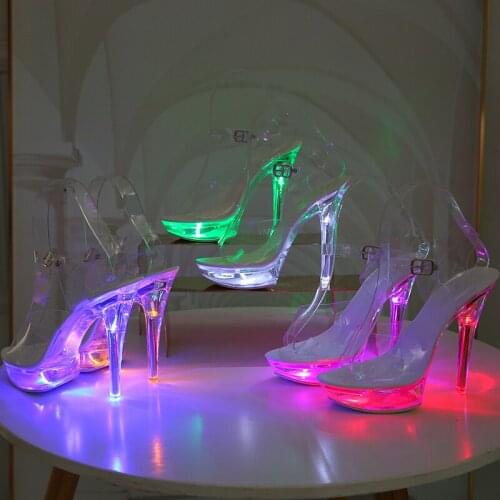 Flash Clear Crystal Platform Sandals 13CM High Stripper Heeled Pole Dance Shoes Luminescence Party Dress 3 Inches Sexy Fetish
