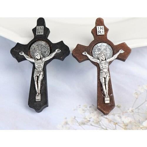 Retro Wood and Alloy Combination Cross Ornaments Suitable for Necklace DIY Jewelry Handmade Jesus Religious Charm Gift