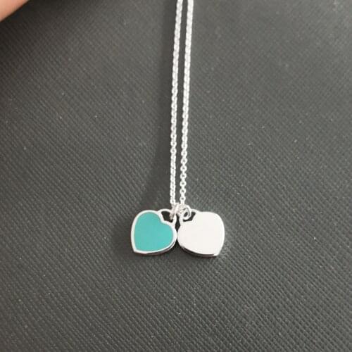Ms 100% pure silver classic double heart-shaped pink blue enamel necklace pendant jewelry
