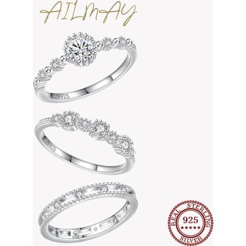 Ailmay Sparkling Round CZ Rings Real 925 Sterling Silver Silver Simple Luxury For Women Classic Wedding Statement Jewelry