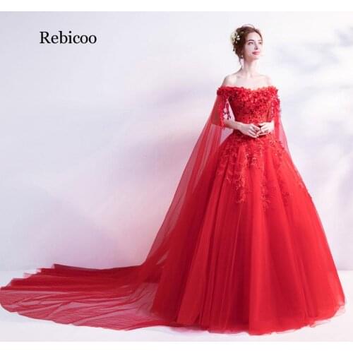 Light Ivory Red Dresses Ball Gown Cheap Tulle Lace Applique Sequined Off Shoulder Long Sleeve Bride
