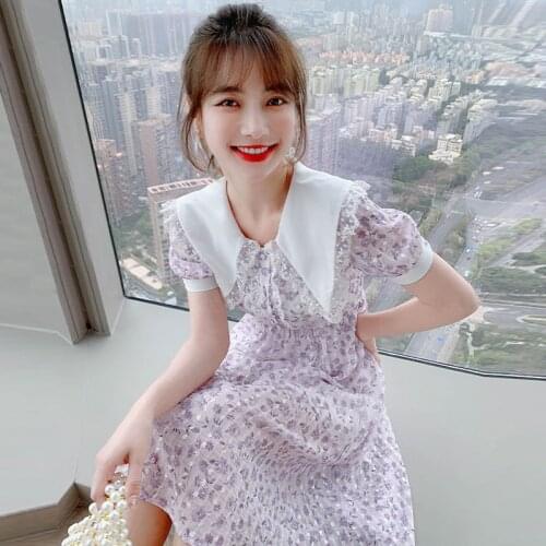 LLZACOOSH 2021 Summer New Ladies Light Purple Floral Printted Lace Trim V-Neck Retro Short-Sleeved Midi Casual Dress Female