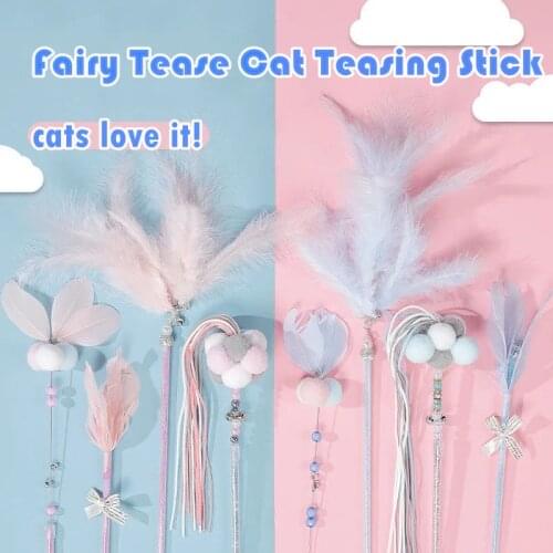 HOT! Pet Cat Teasing Stick Interactive Cat Feather Toy Colorful Fairy Tease Cat Stick Bell Cat Queaky Paper Tassels Teaser Stick