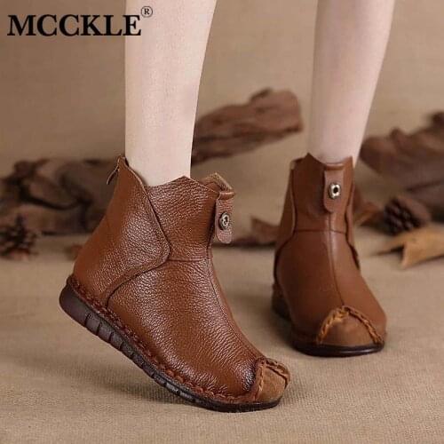 MCCKLE Women PU Leather Ankle Boots Flats Pleated Ladies Zip Plush Warm Winter Shoes Female Fashion Sewing Retro Short Boot