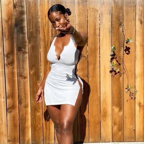 DSMTRC 2021 New White Sleeveless Backless Hollow Out Cut Out Slip Mini Dress Summer Women Fashion Sexy Party Club Robe Kpytomoa