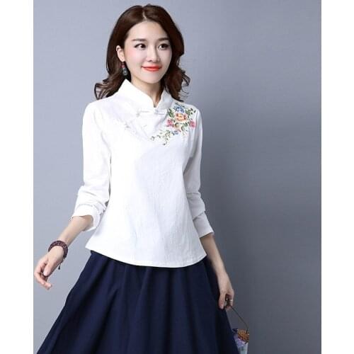 Retro Ladies Chinese Tops National Style Vintage Tang Suit Cotton Linen Shirts Spring Casual Buckle Oriental Tea Shirt 12373