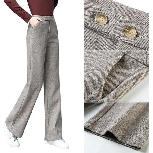 Woolen Pants Women 2020 Autumn Winter New High Waist Loose Straight Wide Leg Pants Thick warm Womens Clothing Casual Trousers