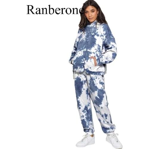 Tracksuit 2 Pieces Sets Women Set Hoodies Crop Top Sweatshirt Tie-Dye Pants Hooded Casual Suits Female Autumn Winter Plus Size