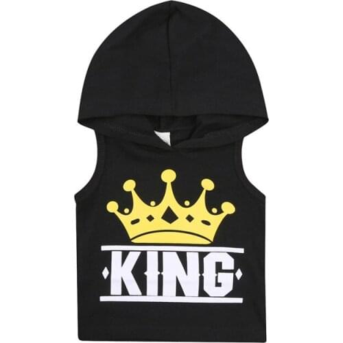 0-36 Months Baby Boys Black Hoodies Sweatshirts Tops Fashion Sleeveless Crown Letter Print Hooded Stylish Tops For Kid Boy