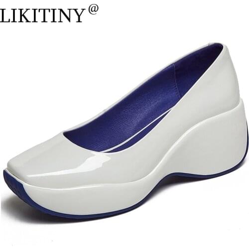 LIKITINY 2021 Fashion Spring autumn High heels Women‘s shoes Leisure Black White Green red wedges platform slip on leather Pumps