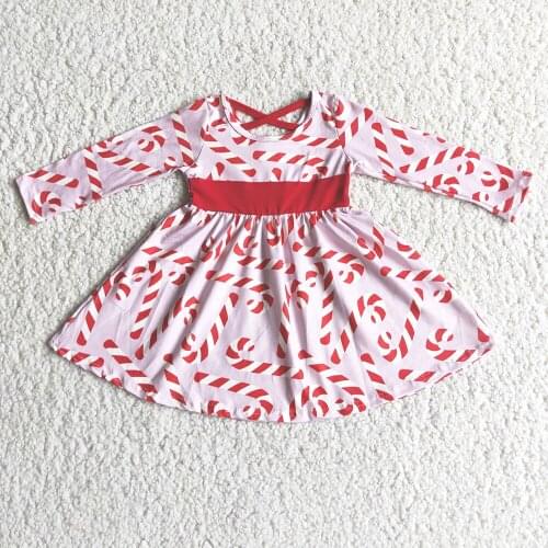 High Quality Kids Ready To Ship Long Sleeve Frock Christmas Baby Girls Candy Print Twirl Dress With Red Sashes