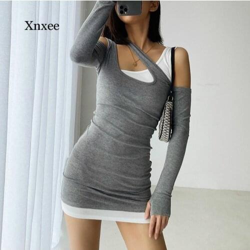 Womens Clothing Long SLeeve Slim Bodycon knitted Cotton Dress Off-shoulder Irregular Straps Dresses Summer Autumn