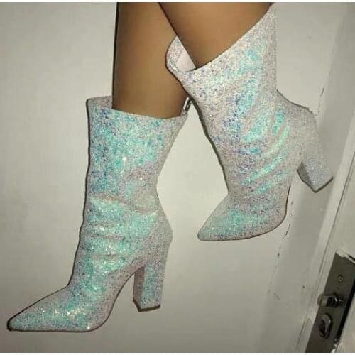 Bling Bling Fluorescence Yellow Pink Sliver Sequins Crystal Pointed Toe Woman Square Heels Mid-calf High Heel Short Boots Lady
