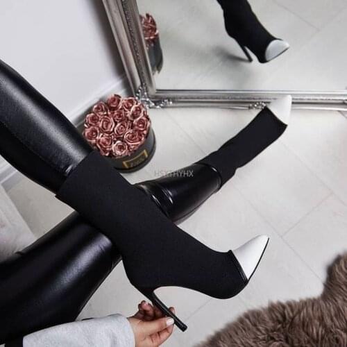 2021 New Arrive Stretch Fabric Women Ankle Boots Pointed Toe High Heels Slip-On Sexy Sock heels Chelsea Boots size35- 42