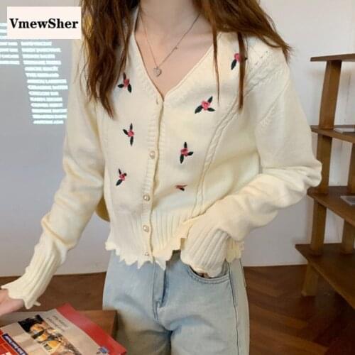 VmewSher New Flower Embroidery Spring Summer Women Sweater Cardigan Slim Short V Neck Female Long Sleeve Knitted Coat Sweet Tops