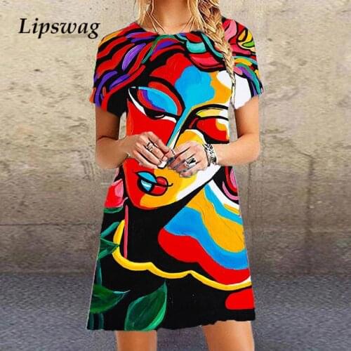 2020 Vintage Pattern Print Women Summer Dress Elegant O Neck Short Sleeve Beach Dresses Ladies Casual Loose Dress Vestidos 3XL