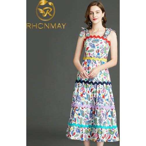 Summer Vintage Colors Print Women Dress Square Collar Spaghetti Strap High Waist Slim A-line Mid Calf Dresses 2021