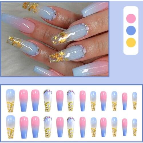 24pcs Rainbow Gold Leaf with Diamond Wear Long Paragraph Manicure Patch False Nails Save Time Wearable Nail Patch SANA889