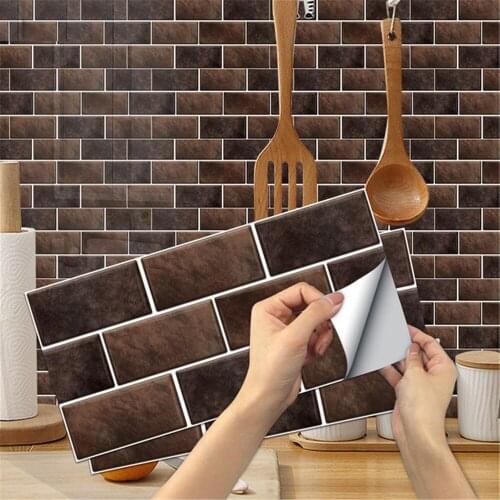 6Pcs Brown Wall Sticker Self-adhesive Tile Murals Modern Style Wall Decals Dark Color Marble Bricks Bathroom Kitchen Home Decor