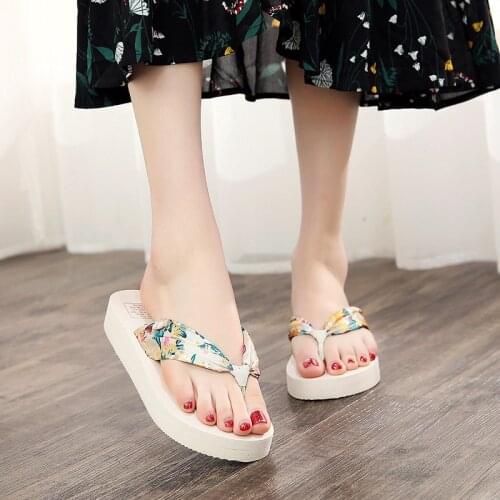 Bohemian Satin Cloth Belt Summer Fashion Womens Thick Bottom Wedges With Flip Flops Outdoor Sandals And Slippers Beach Shoes