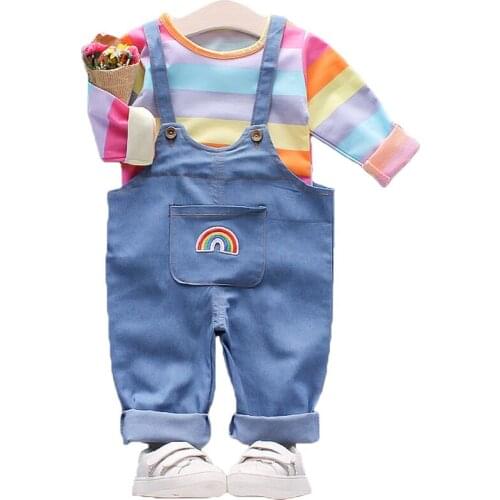 Autumn Baby Girl Clothes Set Newborn Suit Kids Cute Rainbow Long Sleeve Top+Overalls 2PCS Toddler Sports Costume Kids Tracksuits