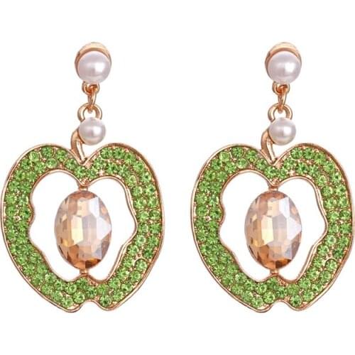 High-end Personality Creative Statement Hollow Alloy Full Diamond Fruit Earrings Green Color Diamond Apple Earrings Women