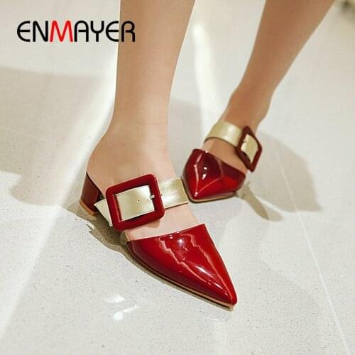 ENMAYER 2020 Basic Patent Leather Pointed Toe Ladies Shoes Slip-On Wedding Womens Shoes Square Heel Pumps Women Shoes 34-43