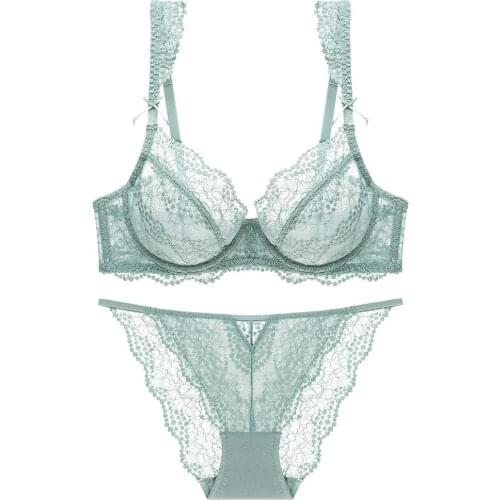 Lingerie Women Sheer Bra Set With Thong Ruffles Straps With Bowknot Breathable Underwired Mint Green Brassiere Womens Underwear