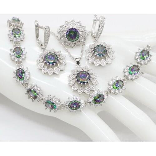 XUTAAYI Rainbow Cubic Zirconia Silver Jewelry Sets For Women Wedding Flower Shaped Earring Pendant Necklace Ring Bracelet