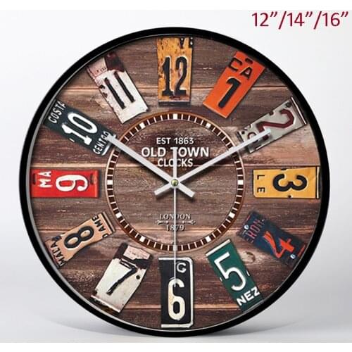 Antique Country Style Dark Wood Accents with Arabic Numerals Round 12/ 14 /16 inches Black Iron Framed MDF Wall Clock