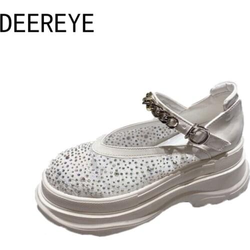 New Arrival Mesh Rhinestone V Shallow Ankle Straps Silver Chain Platform Sneakers Thick Bottomed Round Toe Casual Princess Shoes