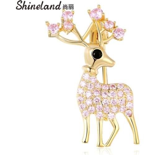 Shineland Exquisite Fashion Cute Small Deer Brooches for Women Yellow Pink Crystal Animal Brooch Pin Coat Accessories Kids Gift