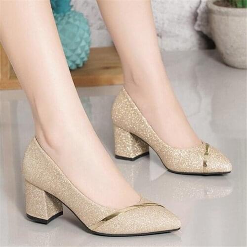Womens Pumps Shoes Spring Autumn New Thick Heel Work Shoes Wild Shallow Mouth Pointed Sequin Shoes Silver Banquet High Heels