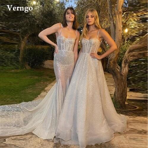 Verngo 2021 Glitter A Line Wedding Dresse Sexy Spaghetti Straps Sweetheart Corset Floor Length Bride Gown Special Occasion Dress