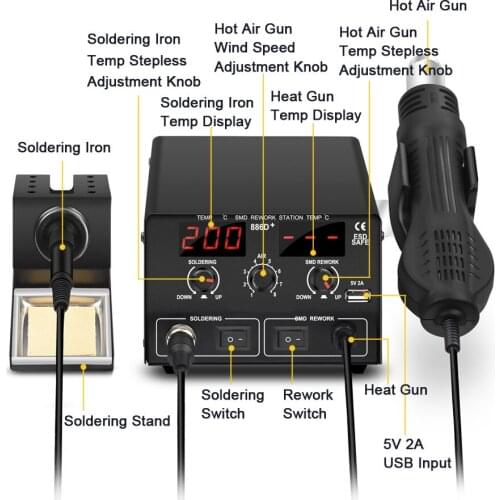 Green 886D Rework Soldering Station USPlug 110V Soldering Tip Soldering Station Temperature Adjustment Digital Soldering Station