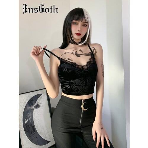 InsGoth Mall Goth Lace Trim Black Camis Vintage Aesthetic Basic Camisole Women Sexy Spaghetti Straps Backless Corset Top