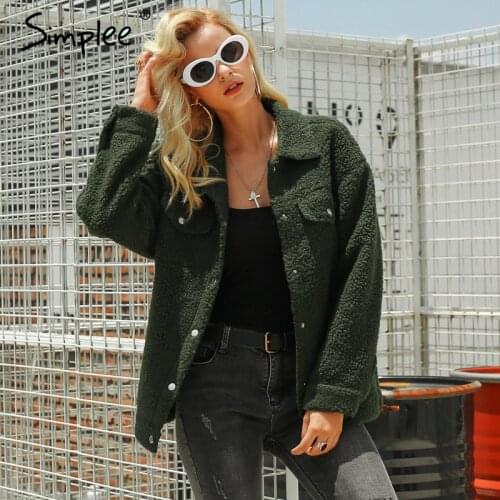 Simplee Lamb wool winter women fur coat Warm trendy furry army green female coat jacket Pocket faux fur coat outerwear 2018