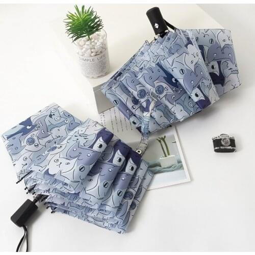 Cartoon cat umbrella female ins three-folding personality artistic simplicity 8 bone full automatic and manual umbrella