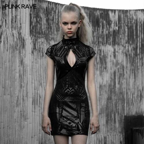 PUNK RAVE Womens Gothic Cyber Prophet Dark Parcel Body Futuristic Dress Punk Handsome Pu Leather Stage Performance Short Dress