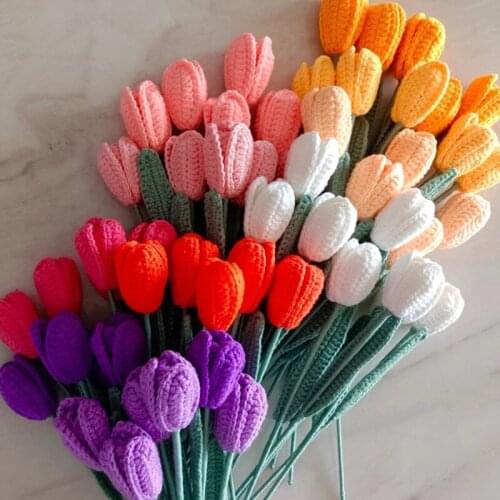 10pcs Hand-knitted Handmade Yarn Crochet Decorative Wedding Tulip Flowers Home Decoration