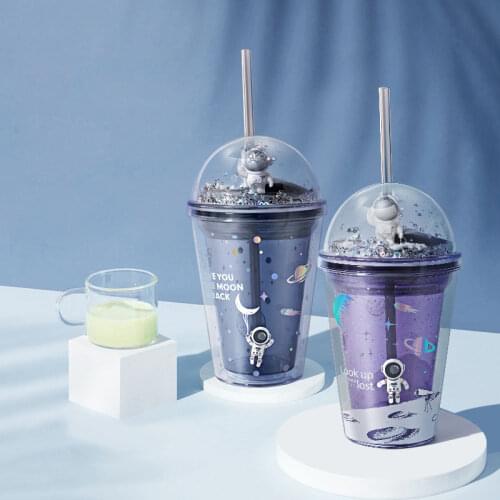 380ml Water Bottle With Straw Space Planet Sequined Glitter Cup Coffee Juice Mug Portable Cup With Round Dome Lid For Kid Gift