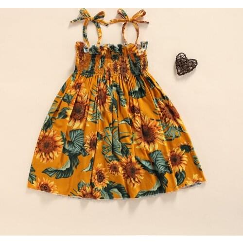 4 Color Retro Summer Baby Girl Sunflower Print Dress With Ruffles Large Hem Sleeveless Lace-Up A-Line Dress Beach Vacation