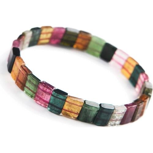 Genuine Colorful Natural Tourmaline Bracelets Bangles For Women Female Stretch Crystal Rectangle Bead Bracelet