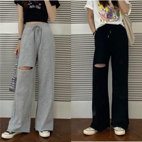 Baggy Hole Sweatpants Women High Waist Elastic Hip Hop Summer Jogger Pockets Bandage Wide Leg Pants Women Casual Streetwear