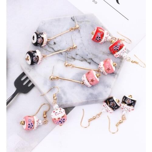 Fortune Cat Maneki Neko Dangle Earrings Porcelain jewelry tassel earrings Cute Animal