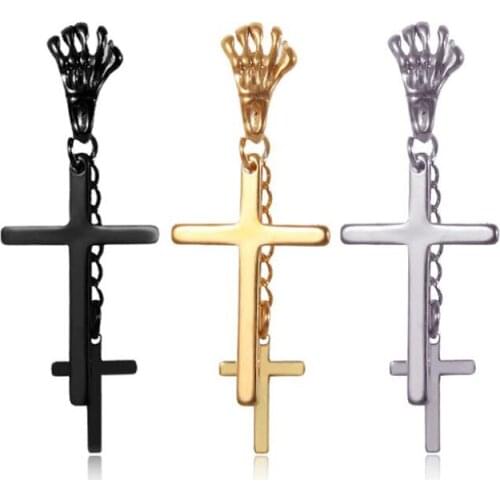 KOFSAC Cool ! New Charm Titanium Steel Stud Earrings For Men Women Party Punk Ghost Hand Double Cross Chain Earring Jewelry Gift