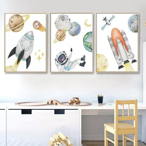 Cartoon Rocket Astronaut Planet Canvas Painting Wall Art Nordic Posters and Prints Wall Pictures for Living Room Decoration