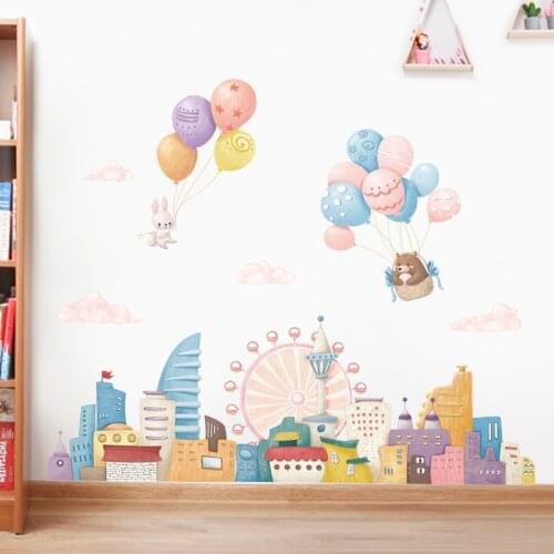 Cartoon Hot Air Balloon Animals Wall Sticker Kawaii Decor Kids Room Bedroom Room decoration Childrens Wallpaper Self Adhesive